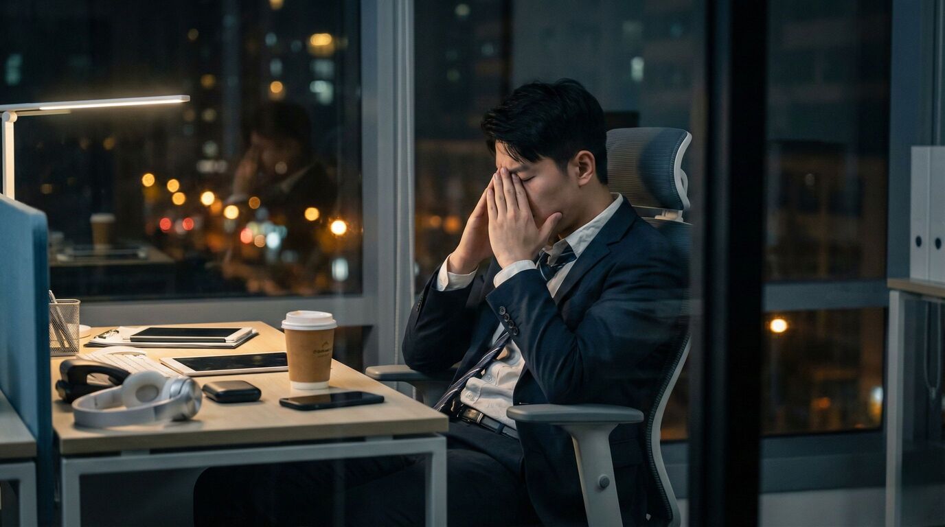 Tired office worker rubbing his face at a desk by a window in the evening